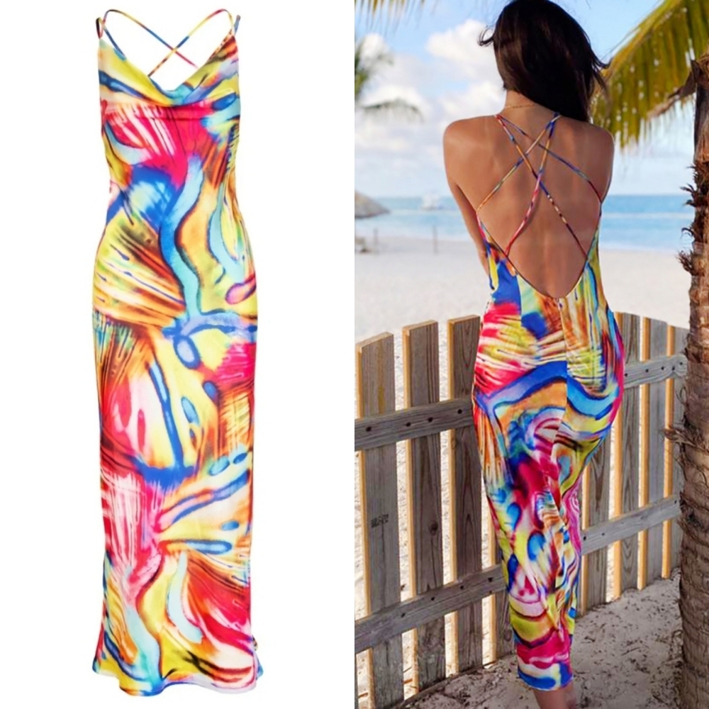 Cosel Anthos Vacation Coral Rainbow Psychedelic Exposed Back Midi Dress Sz 6 NWT